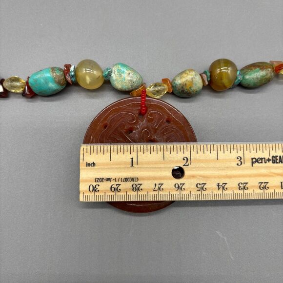 Turquoise Carnelian Agate Necklace Genuine Stone Beads Carved Pendant Statement - Picture 11 of 13